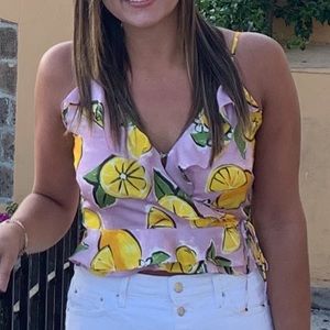 Zara Cropped Pink and Lemon Printed Wrap Tank Top
